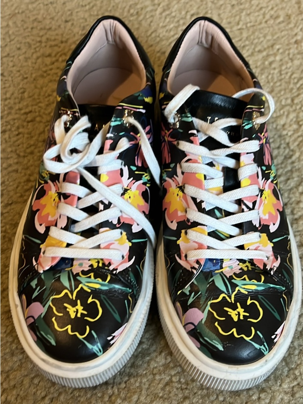 Ted Baker London Black Floral Lace-Up Sneakers with Pink and Yellow Accents